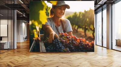 Female vineyard worker during grape harvest, close-up view. Wall mural