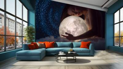 Naked girl with the moon in her hands on a background of stars, femininity and beauty female, clouds, magic and beauty Wall mural