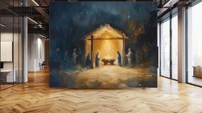 Oil painting of nativity scene with warm light Wall mural