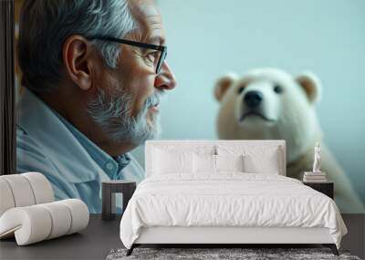 Old male psychologist and soft bear in the room isolated with white highlights, png Wall mural