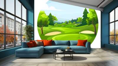 panoramic view of golf course. golf field with a rich green turf beautiful scenery isolated on white background, png Wall mural