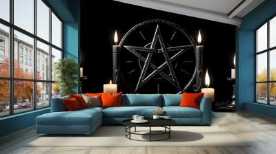 Pentagram symbol and candles. Black magic ritual or spell with occult and esoteric symbols.  isolated with white highlights, png Wall mural