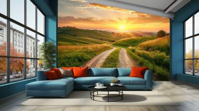 Sunset over a country road with fields and hills in summer Wall mural