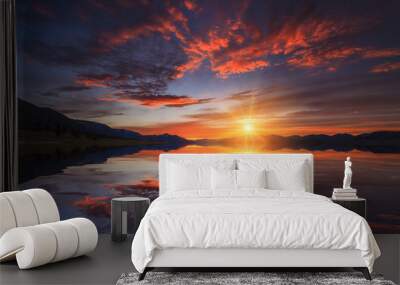 Colorful red sunset over the sea and the mountains. Wall mural