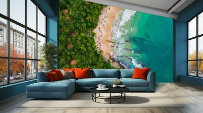 Romantic sunset on a tropical beach with palm trees Wall mural