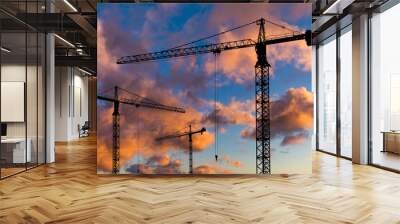 Silhouettes of construction cranes on the background of a beautiful sunset sky. Wall mural