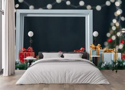 Portrait white picture frame mockup with christmas gifts, boken lights isolated with white highlights, png Wall mural