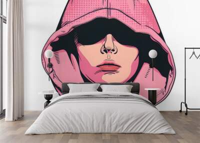 portrait woman with pink hood isolated on white background, pop-art, png Wall mural