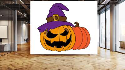 Pumpkin vector illustration. Witch hat halloween art white isolated background for your design, print, postcard, poster, book decoration. Witch craft  illustration Wall mural