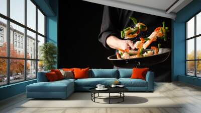 seafood, professional cook prepares shrimps with sprigg beans. cooking seafood, healthy vegetarian f Wall mural