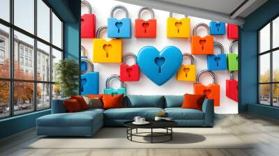 Series of colored padlocks with hart shape isolated with white highlights, png Wall mural