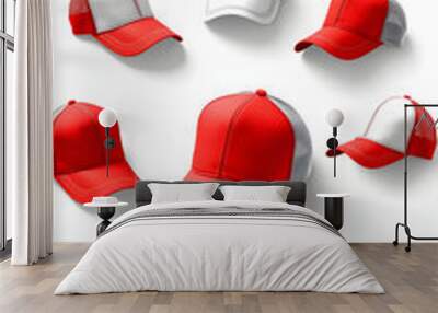 Set of red and white trucker cap hat mockup template collection, various angle isolated cut out isolated with white highlights, png Wall mural