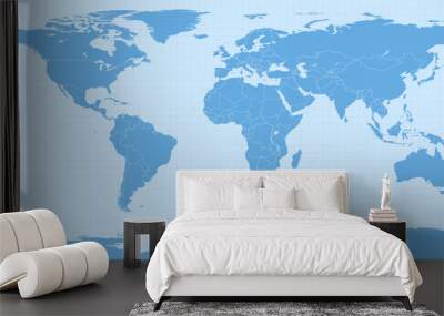 World map in equirectangular projection (equidistant cylindrical projection, geographic projection, EPSG:4326). Detailed vector Earth map with countries’ borders and 5-degree grid. Wall mural