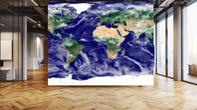 World texture. Satellite image of the Earth. High resolution texture of the planet with relief shading (land topography) and atmosphere (clouds). Realistic and detailed world texture (physical map). Wall mural