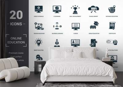 Online Education icons set collection. Includes simple elements such as Video Tutorials, E-Learning, Skill Development, Cloud Library, Distance Education, Adventure and Webinar premium icons Wall mural