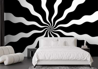 Black and white hypnotic spiral wave rays background. Psychedelic sunburst retro design. Wall mural