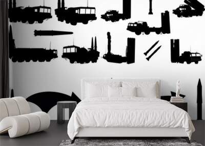 Silhouettes of military transport. Military vehicle S-300 and Iskander. Arrows to indicate on the map. Wall mural