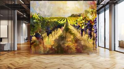 Slender rows of ripe grapes in a field Wall mural