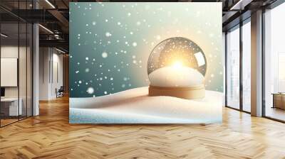 Snow globe on snowy surface with golden light and falling snowfl Wall mural