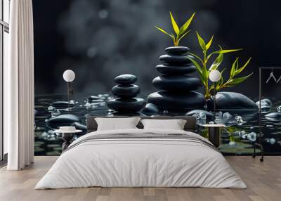 Spa still life with lava stones and bamboo sprouts isolated with white highlights, png Wall mural