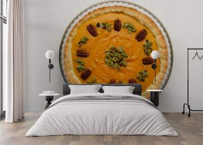 Tasty pumpkin pie, tart made for Thanksgiving day in a baking dish Wall mural