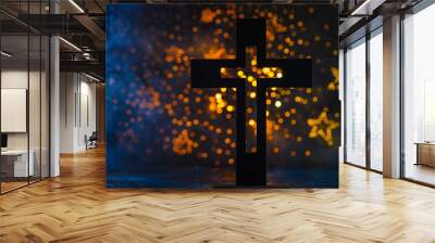 The cross in the church against the background of lights. The concept of faith, the church Wall mural