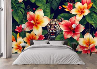 Tropical seamless pattern with tropical flowers, banana leaves and panther, leopard, cougar, wildcat, parrot. Luxury background isolated with white highlights, png Wall mural