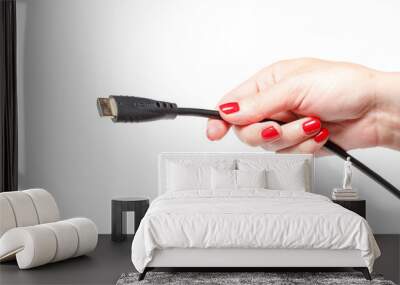 Two connectors for TV in hands with red manicure on white background Wall mural