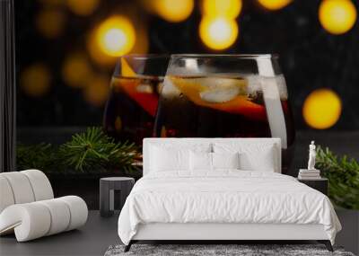 two glasses of boulevardie cocktail on the black background with christmas Wall mural