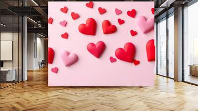 Valentines day flat lay. Stylish pink and red hearts composition on pink paper background. Happy Valentine's day! Modern cute valentine hearts cutouts. Creative love background isolated with white h Wall mural