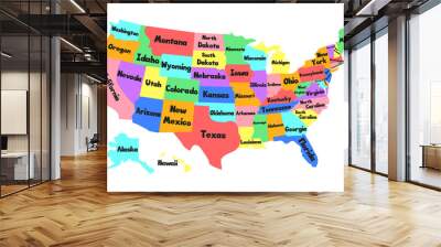 Vector children map of the United States of America. Hand drawn illustration with USA state names for baby. Poster for nursery, wall decor, study, decoration, school Wall mural