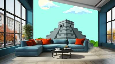 Vector illustration of ancient Mayan pyramids with tropical plants, jungle and sky background in flat cartoon style. Wall mural