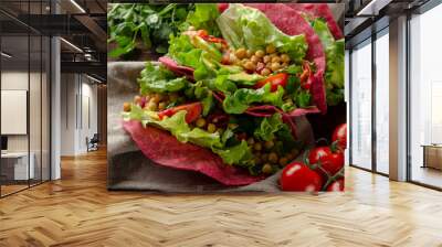 Vegan beetroot taco with salad, avocado, chickpea and vegetables Wall mural