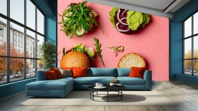 Veggie beet and lentil burgers with vegetables and avocado sauce. Healthy food concept. Wall mural