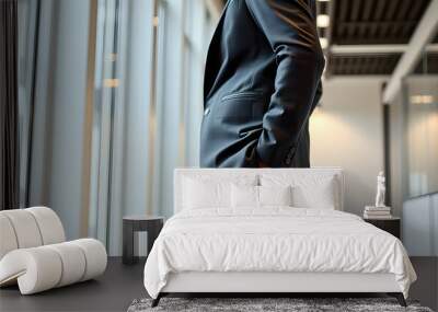 Waist-up portrait of confident young psychologist wearing elegant suit posing for photography while standing at modern office isolated with white highlights, png Wall mural