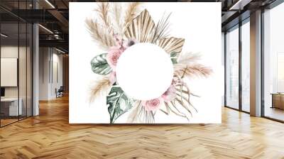 Watercolor boho exotic round frame. Tropical dried palm leafe, roses, pampas grass geometric frame. Romantic bohemian floral frame Wall mural