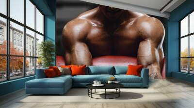 Handsome strong athletic men pumping up biceps muscles workout fitness and bodybuilding concept background - muscular bodybuilder fitness men doing arms exercises in gym naked torso. Wall mural