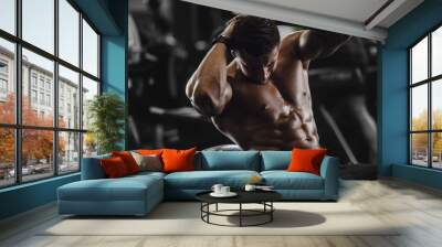 Handsome strong athletic men pumping up muscles workout fitness and bodybuilding concept background - muscular bodybuilder fitness men doing abs exercises in gym naked torso. Wall mural