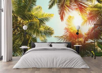 Coconut palm tree on  blue sky background. Wall mural