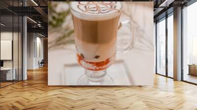 special coffee cup with cream and spices on light background Wall mural