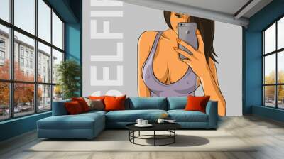 Cute sexy girl in grey bodysuit makes a selfie. Vector illustration Wall mural