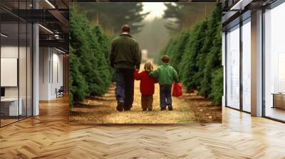 A father walks with his children through a Christmas tree farm in the early morning light Wall mural