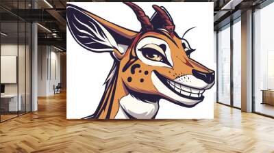 Smiling Antelope: A close-up portrait of a cheerful antelope with a mischievous grin. The illustration features detailed fur, horns, and a playful expression, capturing the animal's charm and personal Wall mural