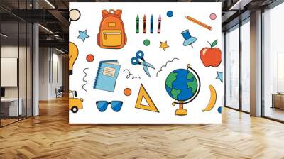 Collection of school supplies or stationery. Bundle of accessories for lessons, items for education isolated on white background. Retro groovy vector illustrations set. Wall mural