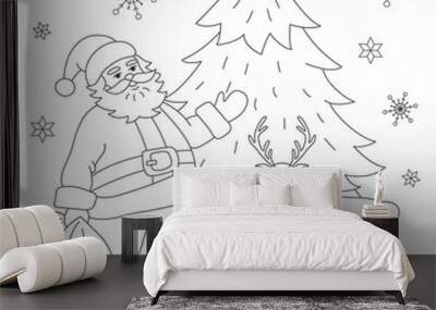 Coloring book Santa and deer. Wall mural