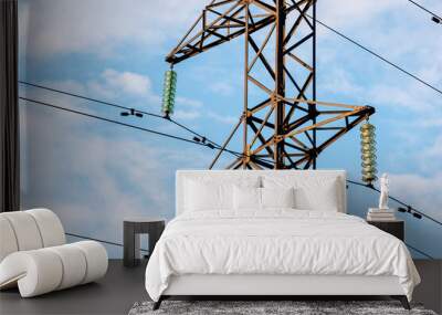 Electricity transmission through electrical networks. Electrical high voltage.
High voltage tower against blue sky Wall mural