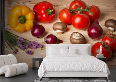 Fresh natural vegetables on a wooden board. Wall mural