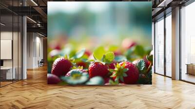 Gradient background texture of green color with strawberries Wall mural