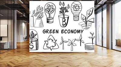 Green economy doodle set with currency industry and ecology cooperation Wall mural