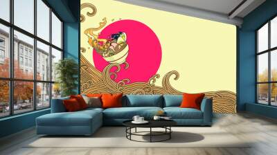 Japanese ramen noodles soup with egg, pork, nori, onion, corn. Vector illustration with free space for text. Red sun  Wall mural